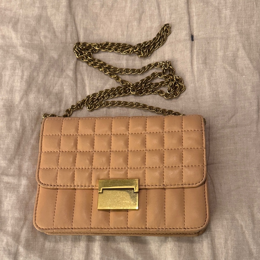 J. Crew Tan Quilted Crossbody Bag with Gold Chain